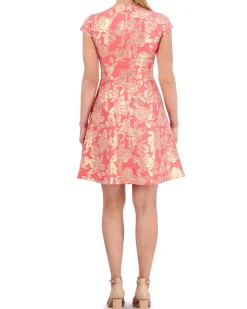 Floral Jacquard Pleated Fit-And-Flare Dress
