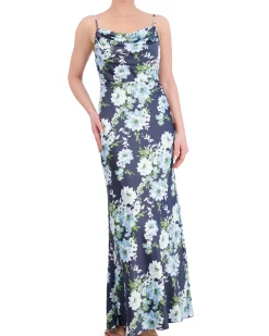 Floral-Print Satin Cowl-Neck Gown