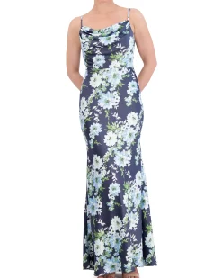Floral-Print Satin Cowl-Neck Gown