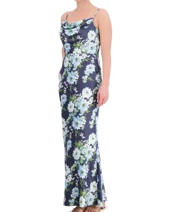 Floral-Print Satin Cowl-Neck Gown