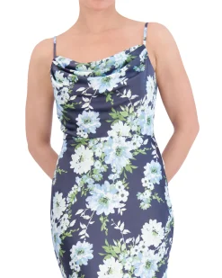 Floral-Print Satin Cowl-Neck Gown