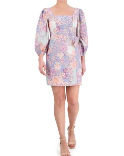 Floral-Print Smocked Geo-Neck Dress