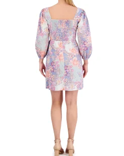 Floral-Print Smocked Geo-Neck Dress