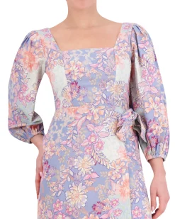 Floral-Print Smocked Geo-Neck Dress