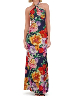 Floral-Print Twist-Top Halter Gown