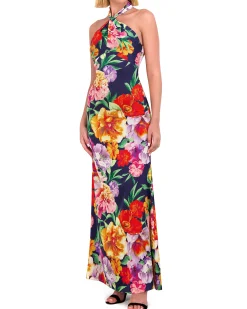 Floral-Print Twist-Top Halter Gown
