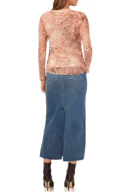 Leopard Print Shirred Long Sleeve Top