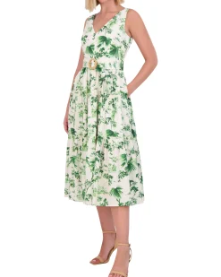 Petite Floral-Print Belted Tiered Dress