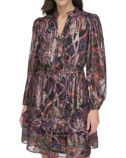 Petite Paisley-Print Tiered-Skirt Dress