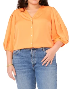 Plus-Size Button Down Balloon Sleeve Blouse