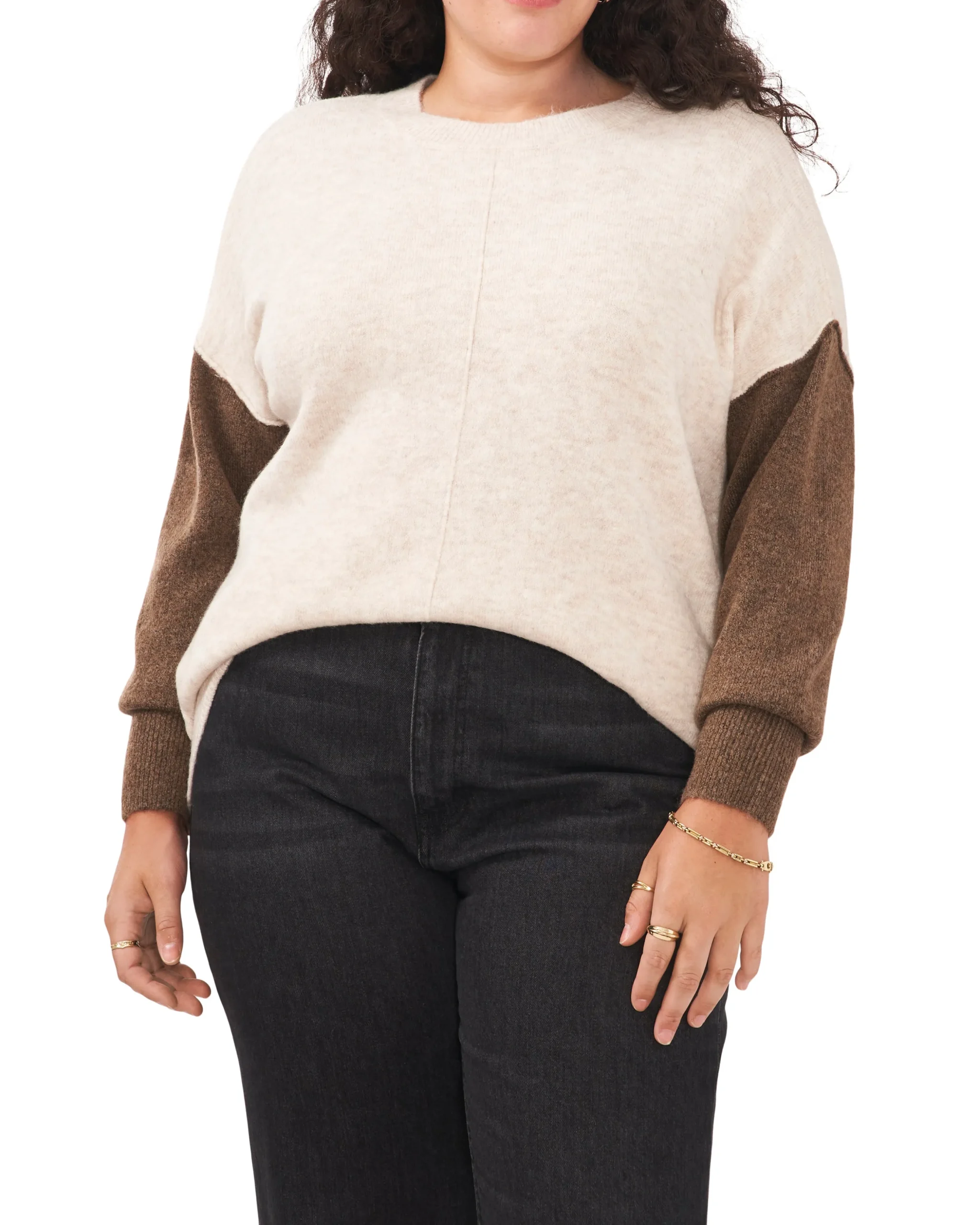 Plus-Size Color Blocked-Sleeve Drop Shoulder Sweater