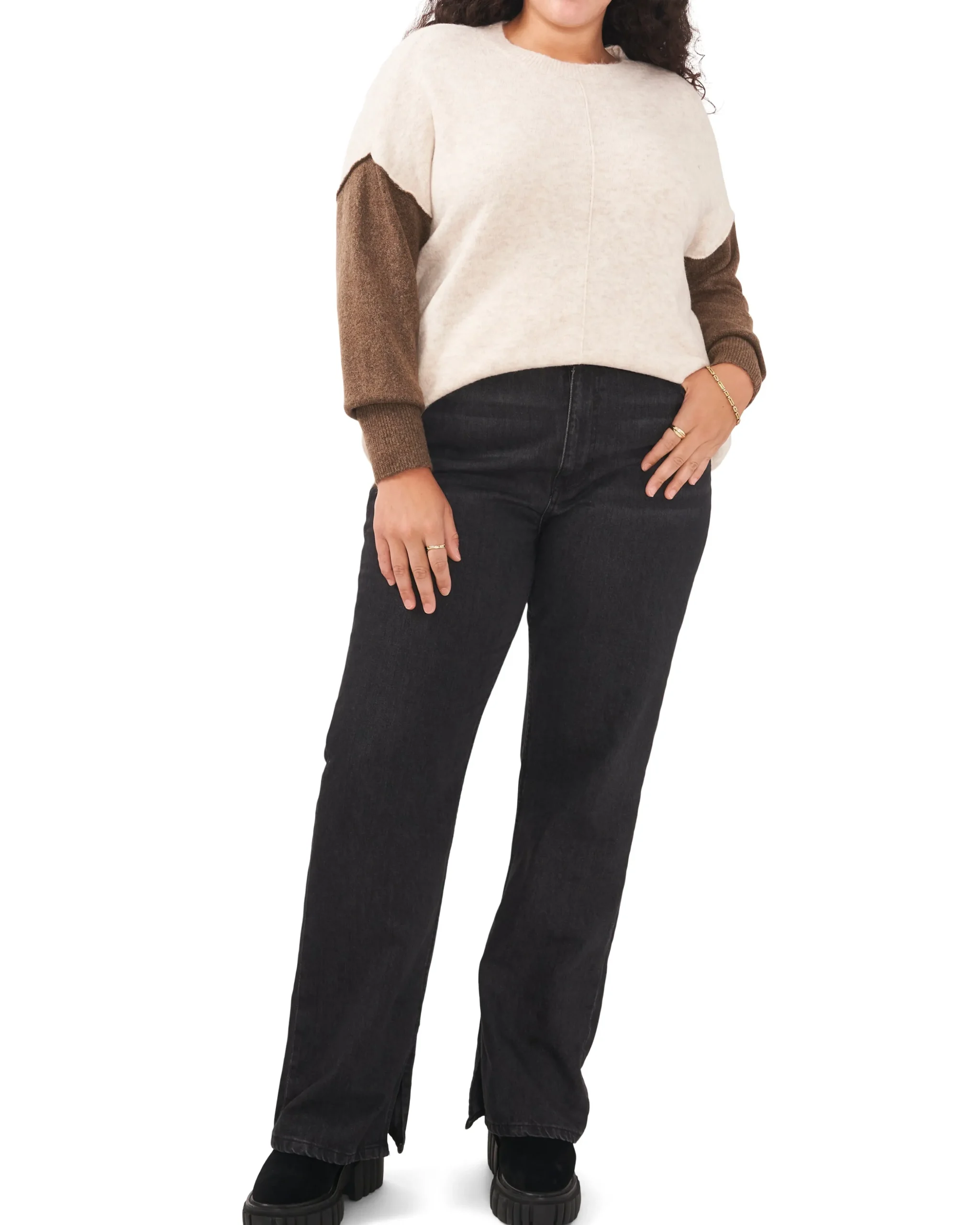 Plus-Size Color Blocked-Sleeve Drop Shoulder Sweater