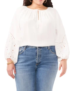 Plus-Size Embroidered-Sleeve Split Neck Blouse