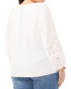 Plus-Size Embroidered-Sleeve Split Neck Blouse