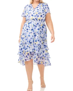 Plus-Size Floral Print Tiered V-Neck Dress