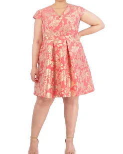 Plus-Size Floral-Jacquard Pleated V-Neck Dress