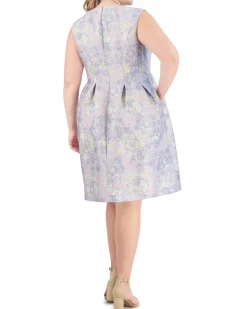 Plus-Size Floral-Jacquard Pleated Fit-And-Flare Dress