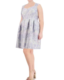 Plus-Size Floral-Jacquard Pleated Fit-And-Flare Dress