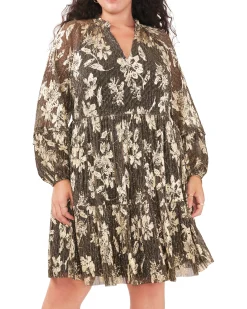 Plus-Size Metallic Floral Print Pleated Dress