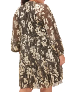 Plus-Size Metallic Floral Print Pleated Dress