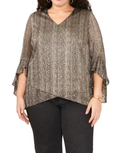 Plus-Size Metallic Stripe Flutter Sleeve Blouse