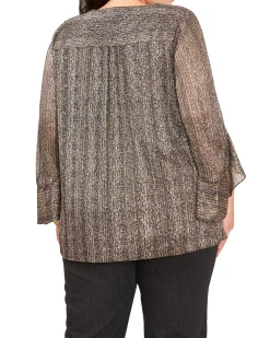 Plus-Size Metallic Stripe Flutter Sleeve Blouse