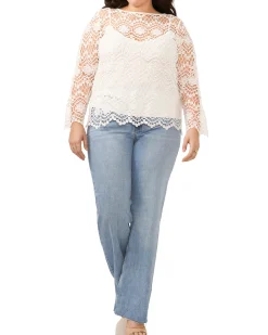 Plus-Size Open-Weave Floral Lace Cropped Blouse