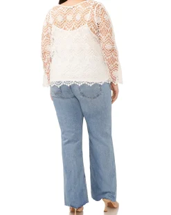 Plus-Size Open-Weave Floral Lace Cropped Blouse