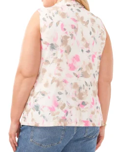 Plus-Size Petal Print Mesh High Neck Tank Top