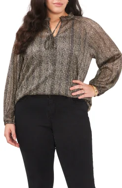 Plus-Size Pleated Long Sleeve Blouse With Tie At Neck