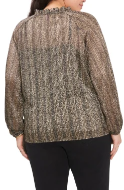 Plus-Size Pleated Long Sleeve Blouse With Tie At Neck