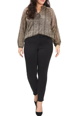 Plus-Size Pleated Long Sleeve Blouse With Tie At Neck
