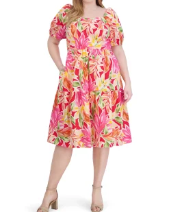 Plus-Size Printed Cotton Square-Neck Midi Dress