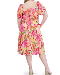 Plus-Size Printed Cotton Square-Neck Midi Dress