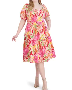 Plus-Size Printed Cotton Square-Neck Midi Dress