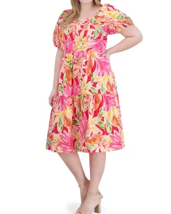 Plus-Size Printed Cotton Square-Neck Midi Dress