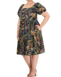 Plus-Size Printed Cotton Square-Neck Midi Dress