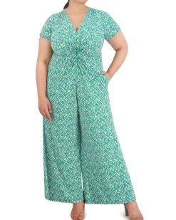 Plus-Size Printed Twist-Front Flared-Leg Jumpsuit