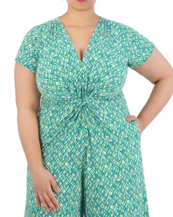 Plus-Size Printed Twist-Front Flared-Leg Jumpsuit
