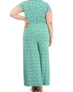 Plus-Size Printed Twist-Front Flared-Leg Jumpsuit