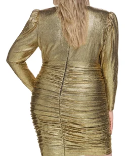 Plus-Size Ruched Long-Sleeve V-Neck Sheath