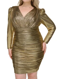 Plus-Size Ruched Long-Sleeve V-Neck Sheath