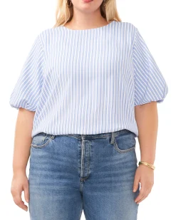 Plus-Size Stripe Print Puff Sleeve Blouse