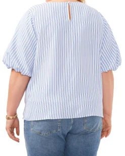 Plus-Size Stripe Print Puff Sleeve Blouse