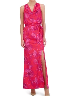 Printed Cowl-Neck Blouson-Bodice Gown