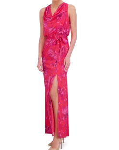 Printed Cowl-Neck Blouson-Bodice Gown