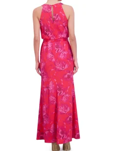 Printed Cowl-Neck Blouson-Bodice Gown