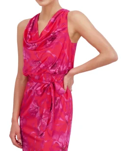 Printed Cowl-Neck Blouson-Bodice Gown