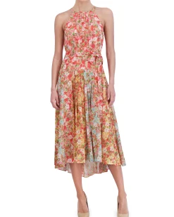 Printed Pleated Chiffon Midi Dress