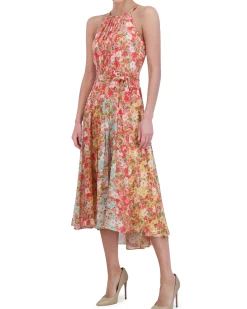 Printed Pleated Chiffon Midi Dress